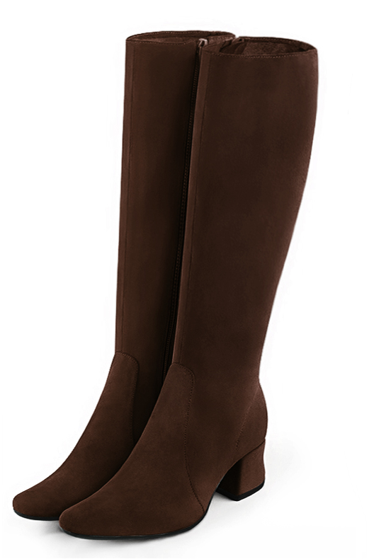 Dark brown women's feminine knee-high boots. Round toe. Low flare heels. Made to measure. Front view - Florence KOOIJMAN